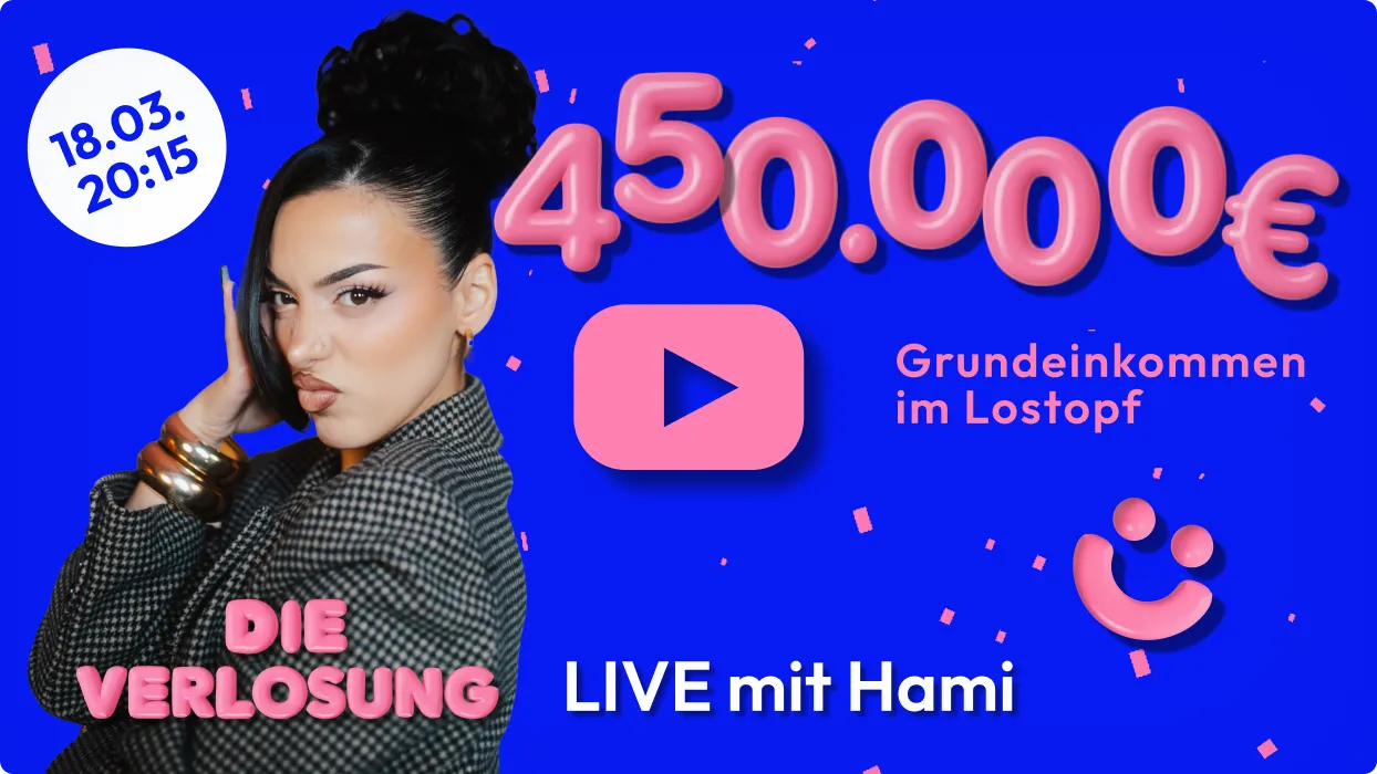 Vorschaubild der Aufzeichung der Verlosung von Mein Grundeinkommen vom 18. März mit Moderatorin Hami