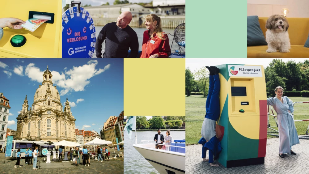 Bildcollage mit verschiedenen Impressionen: historische Kirche, Menschen auf einem Boot und jemand macht einen Handstand gegen einen Geldautomaten