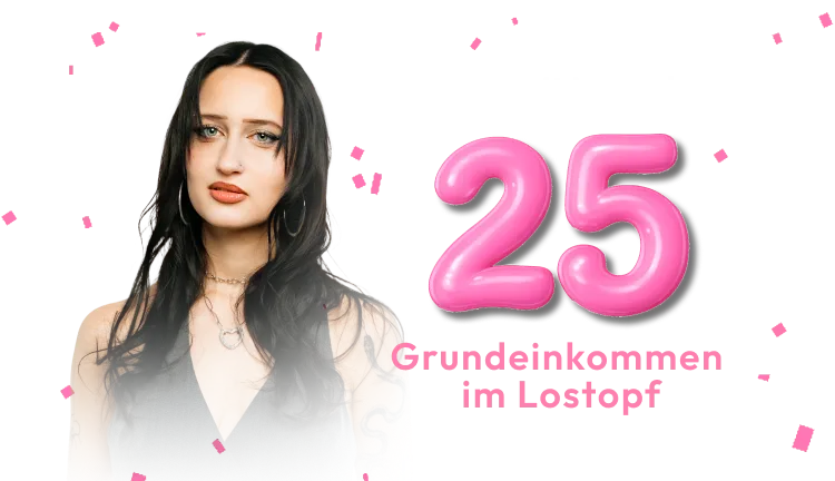 Portrait von Hami umrahmt von Konfetti. Vor ihr ein gro&szlig;er Schriftzug: "450.000 &euro; Grundeinkommen im Lostopf", daneben "LIVE mit Hami".